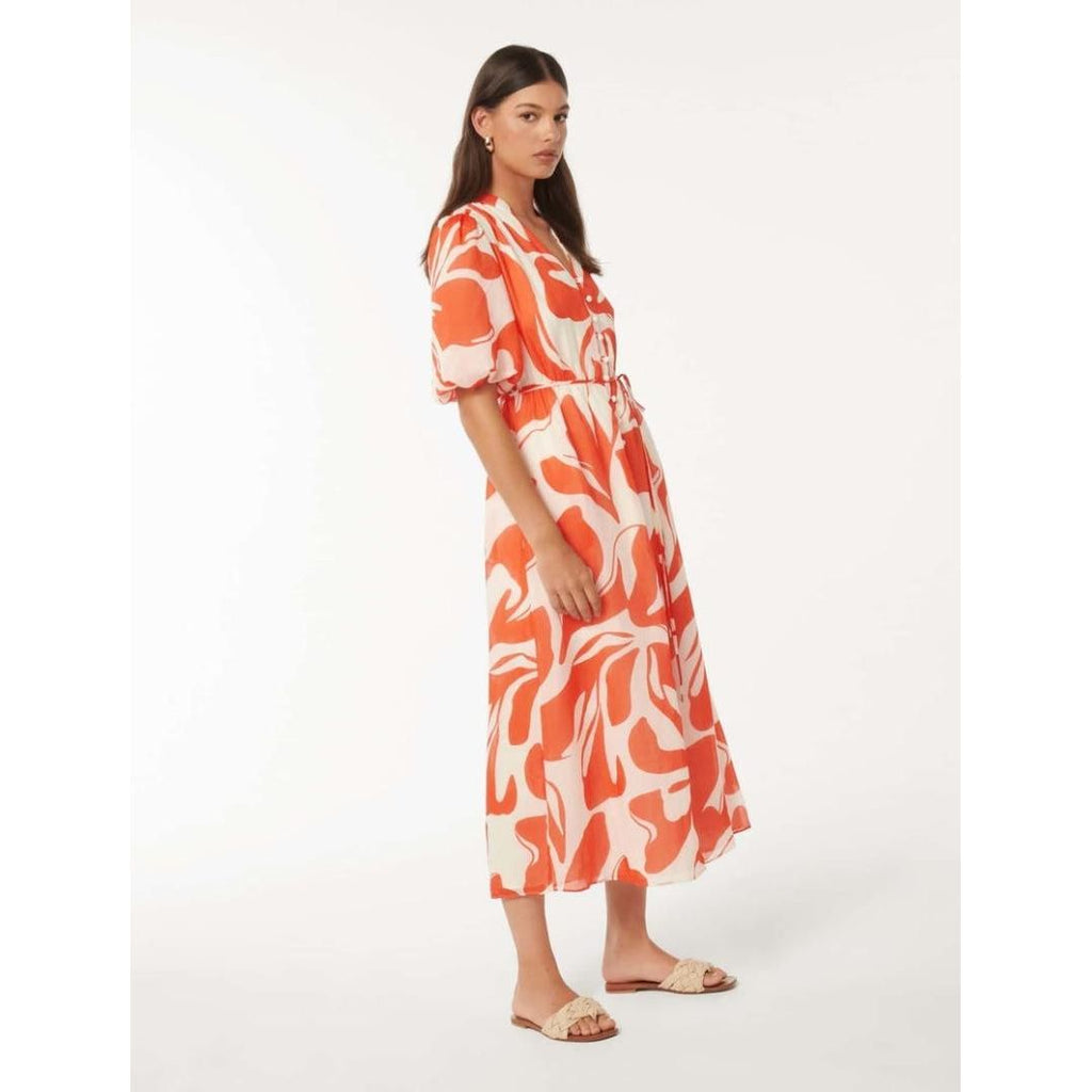 Forever New Loren Puff Sleeve Midi - Red Ari Abstract - Beales department store