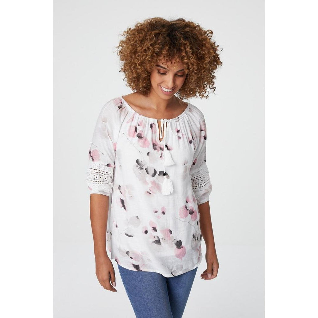 Izabel London Floral Tie Front Smock Blouse In Pink - Beales department store