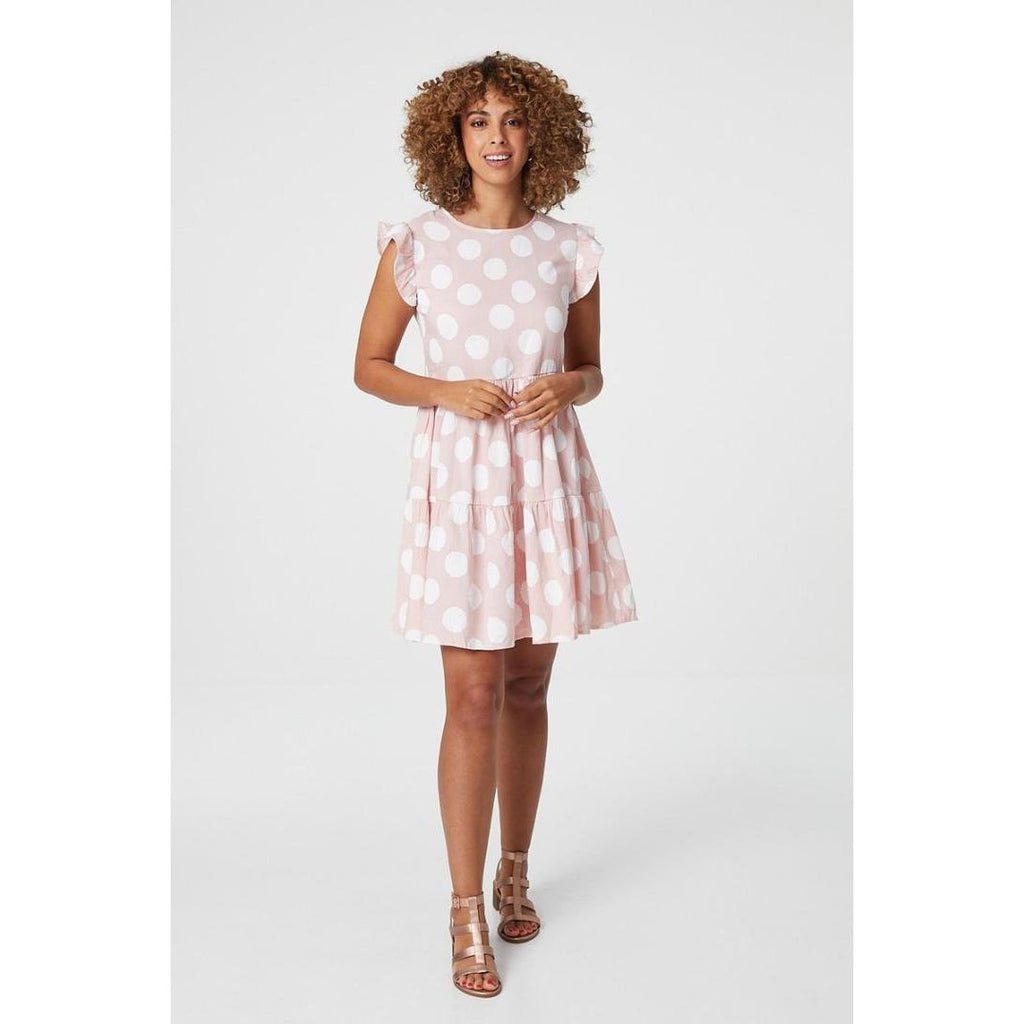 Izabel London Polka Dot Frill Sleeve Smock Dress In Pink - Beales department store