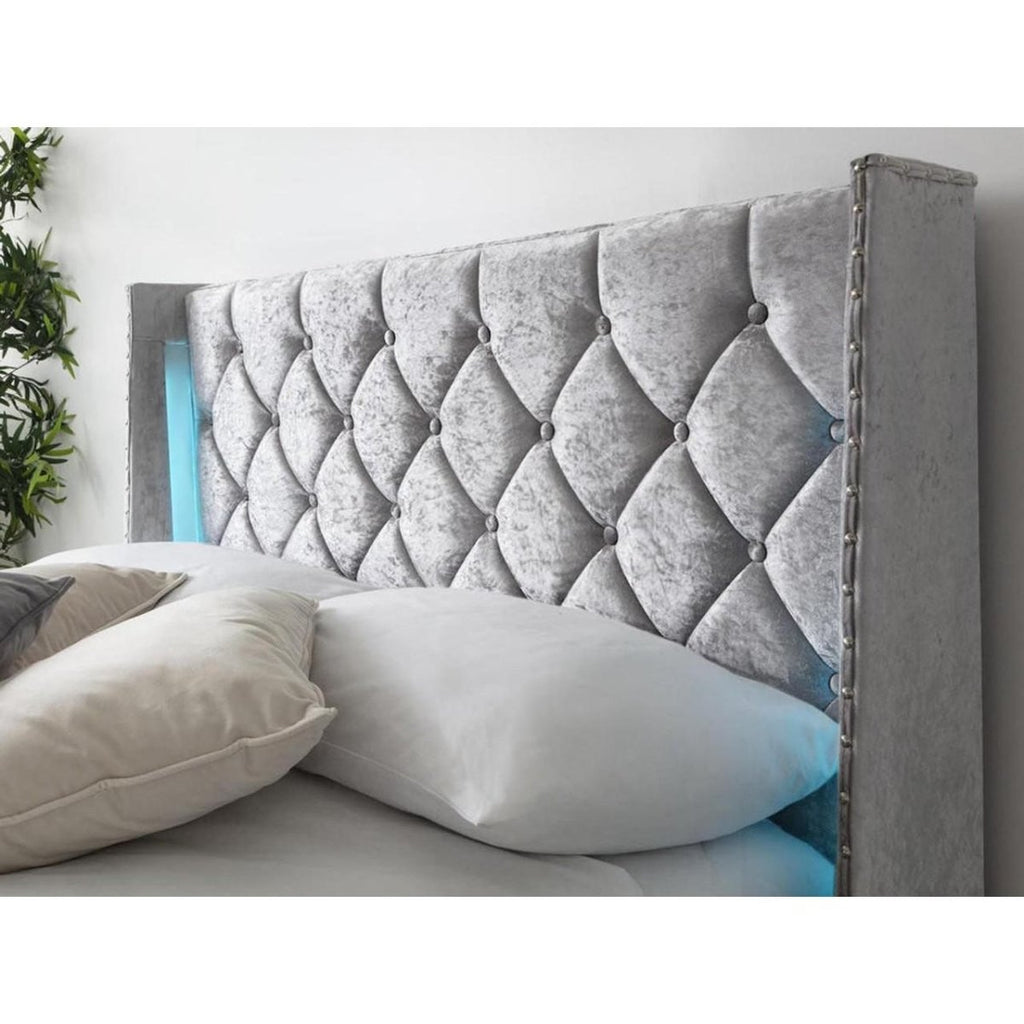 Loxley LED Fabric Crushed Silver Velvet Storage Ottoman Bed - Beales department store
