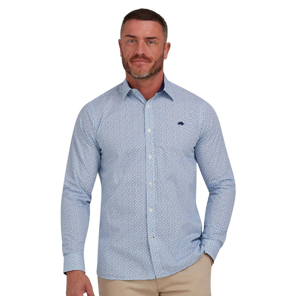 Raging Bull Long Sleeve Pentagon Pattern Poplin Shirt - White - Beales department store