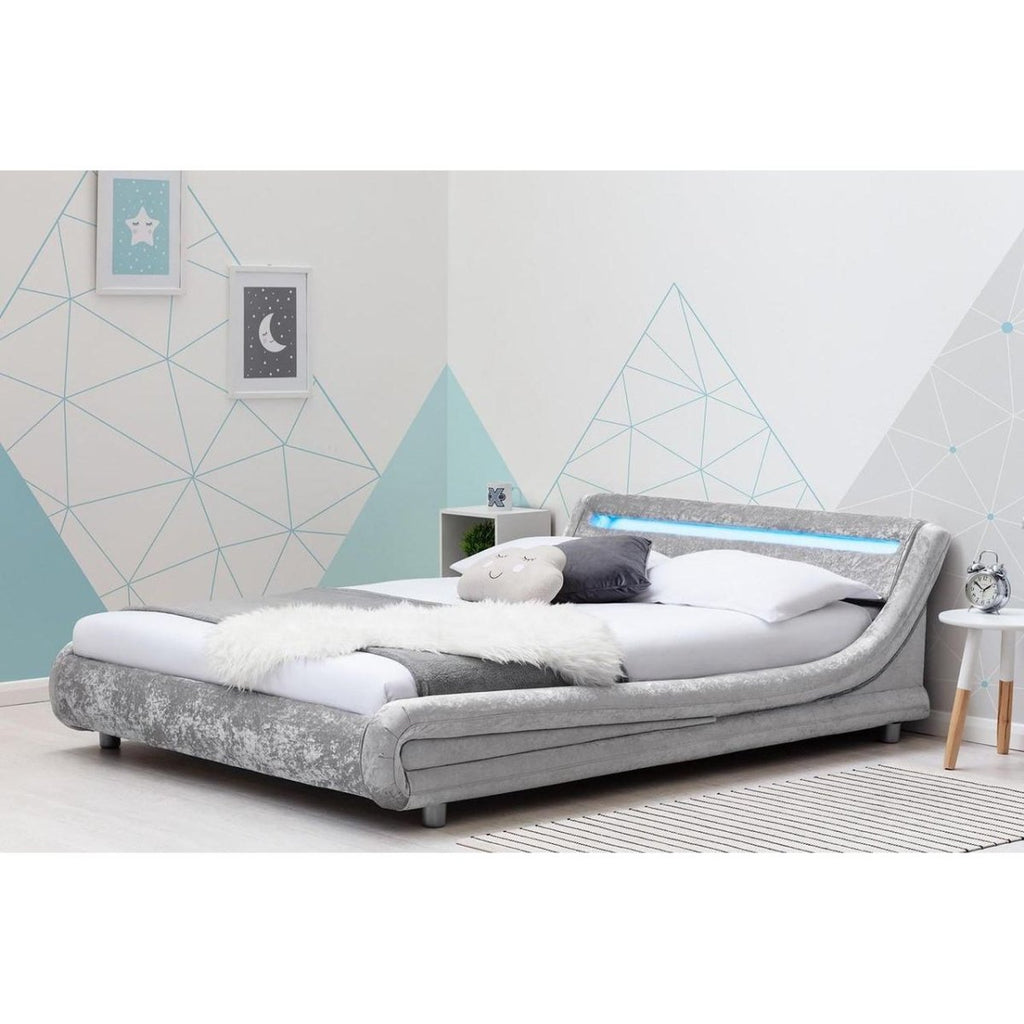 Barcelona LED Fabric Faux Leather Bed - Silver - Beales department store