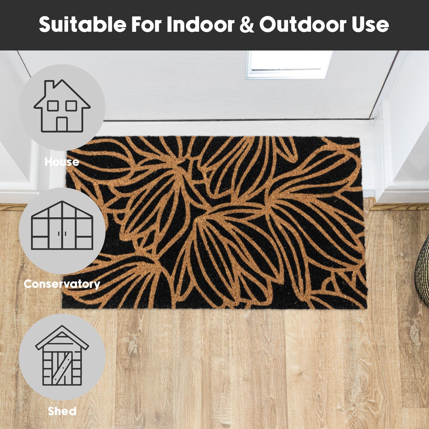 Black Floral Eco-Friendly Latex Backed Coir Entrance Doormat