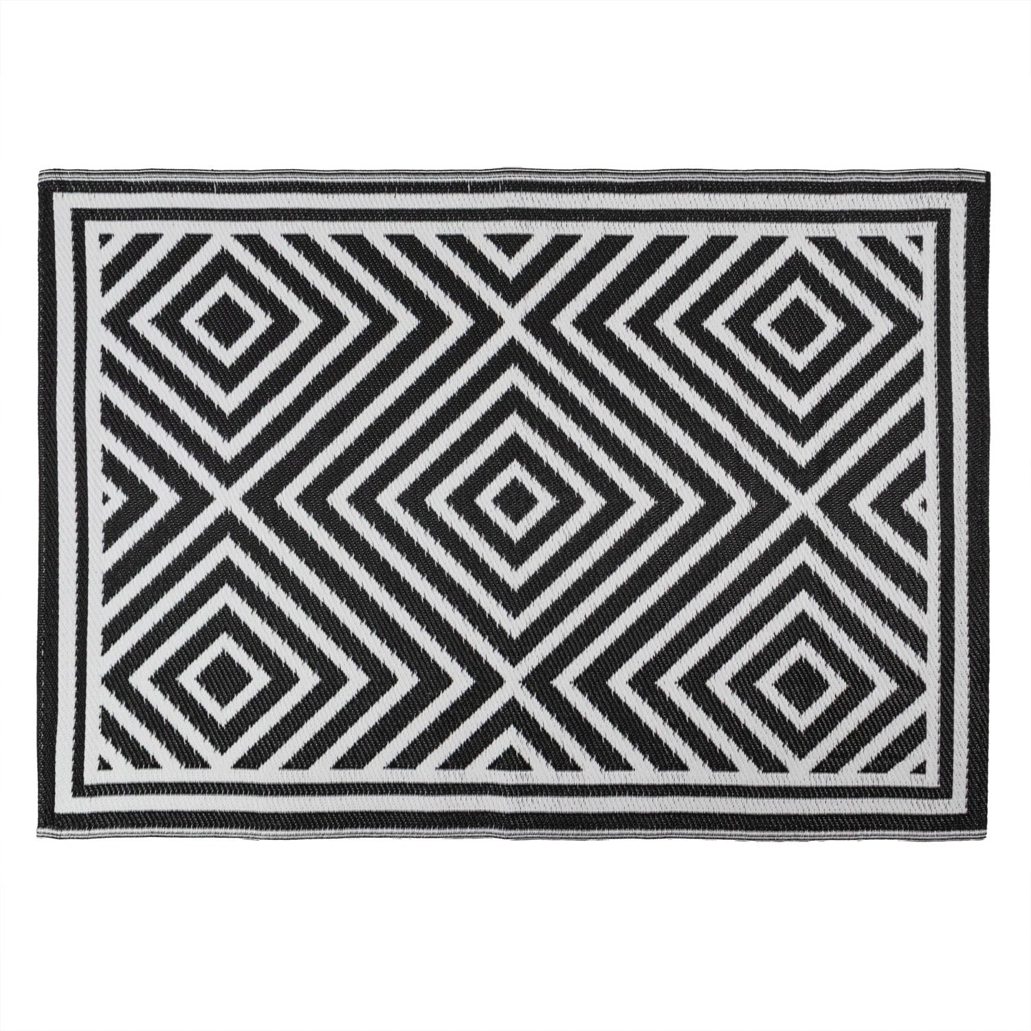 Lightweight Reversible Black White Small Tile Pattern Outdoor Rug