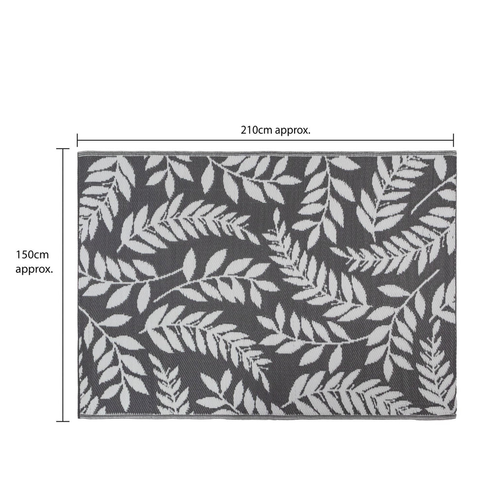 Lightweight Reversible Large Grey Leaf Pattern Outdoor Rug
