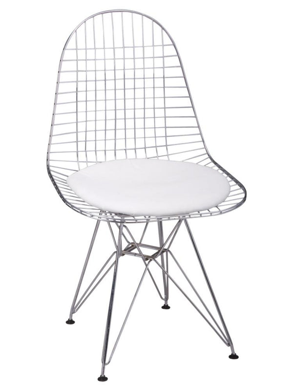 Inventors Chrome DKR Wire Chair With White PU Cushion - Set of 2