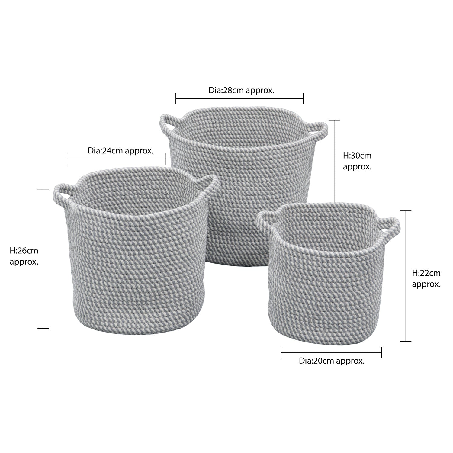 Edison Grey Set of 3 Round Cotton Rope Storage Baskets