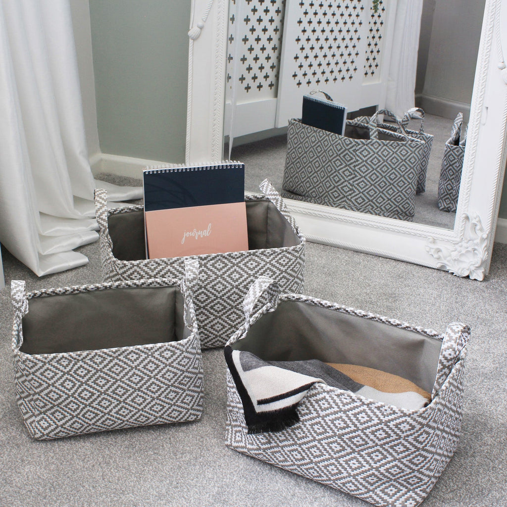 Argyle Set of 3 Rectangular Paper Storage Baskets With Handles