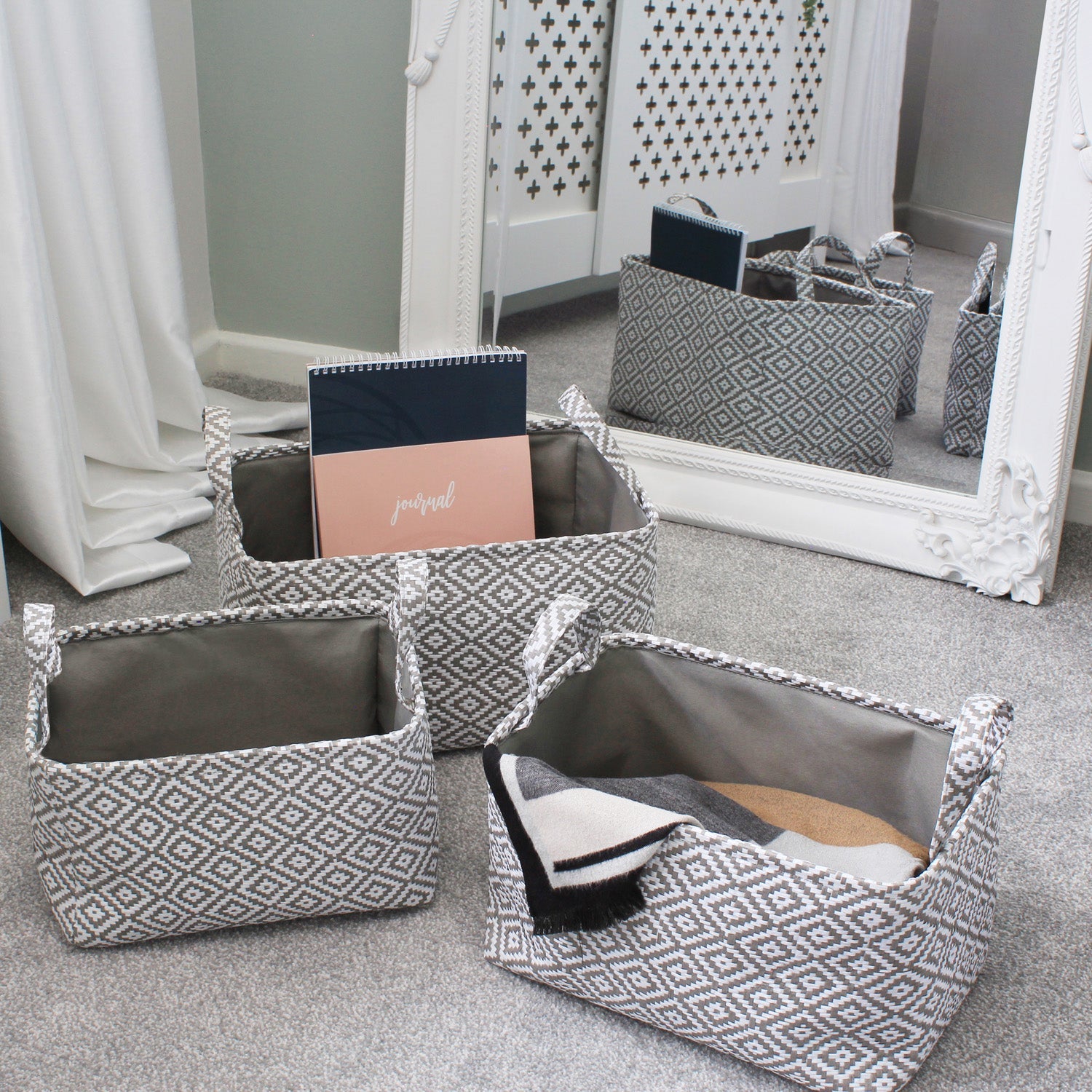 Argyle Set of 3 Rectangular Paper Storage Baskets With Handles
