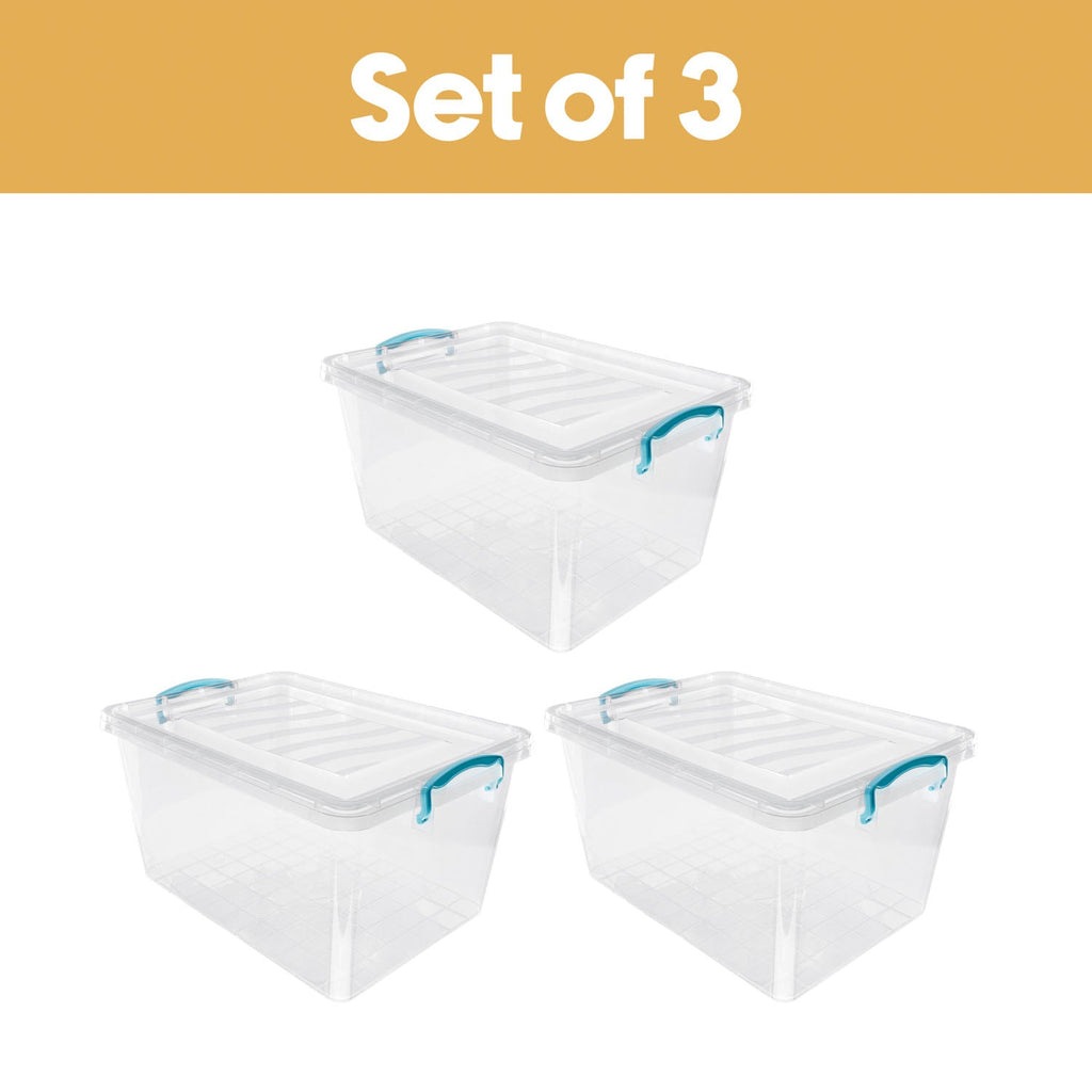 Plastic Clip Lidded 30L Storage Box Clear Set of 3