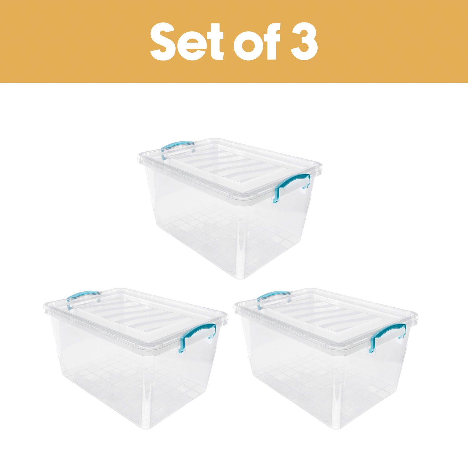 Plastic Clip Lidded 30L Storage Box Clear Set of 3