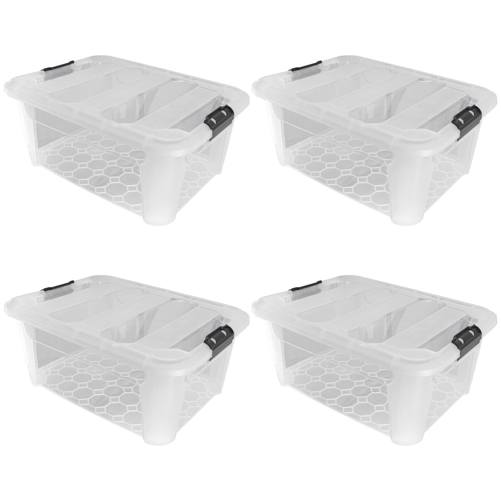 Plastic Secure Clip Lidded 40L Storage Box Clear (Set of 4)