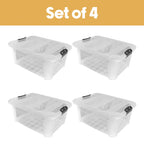 Plastic Secure Clip Lidded 40L Storage Box Clear (Set of 4)