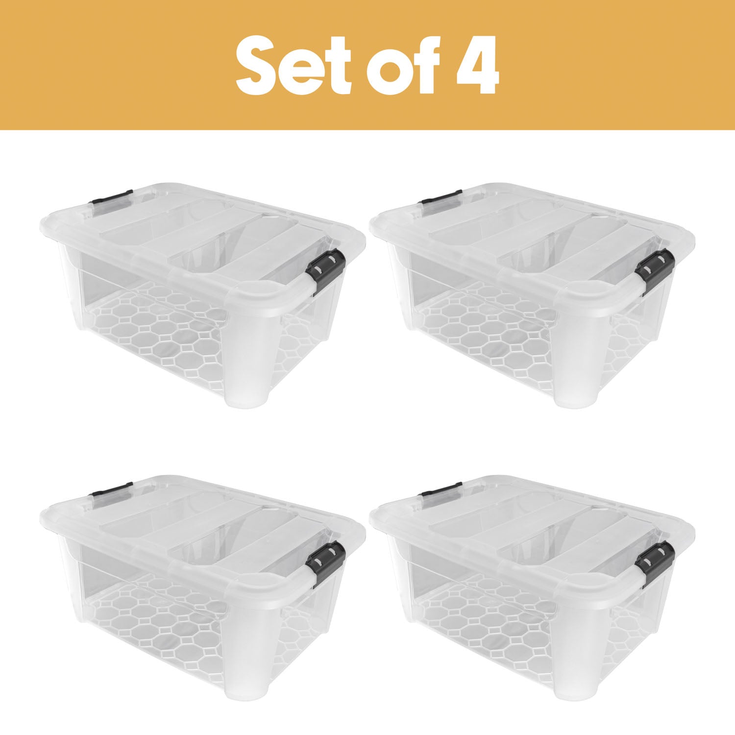 Plastic Secure Clip Lidded 40L Storage Box Clear (Set of 4)
