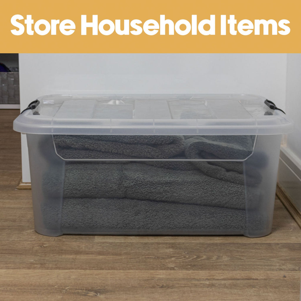 Plastic Secure Clip Lidded 40L Storage Box Clear (Set of 4)
