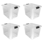Plastic Secure Clip Lidded 60L Storage Box with Wheels Clear (Set of 4)