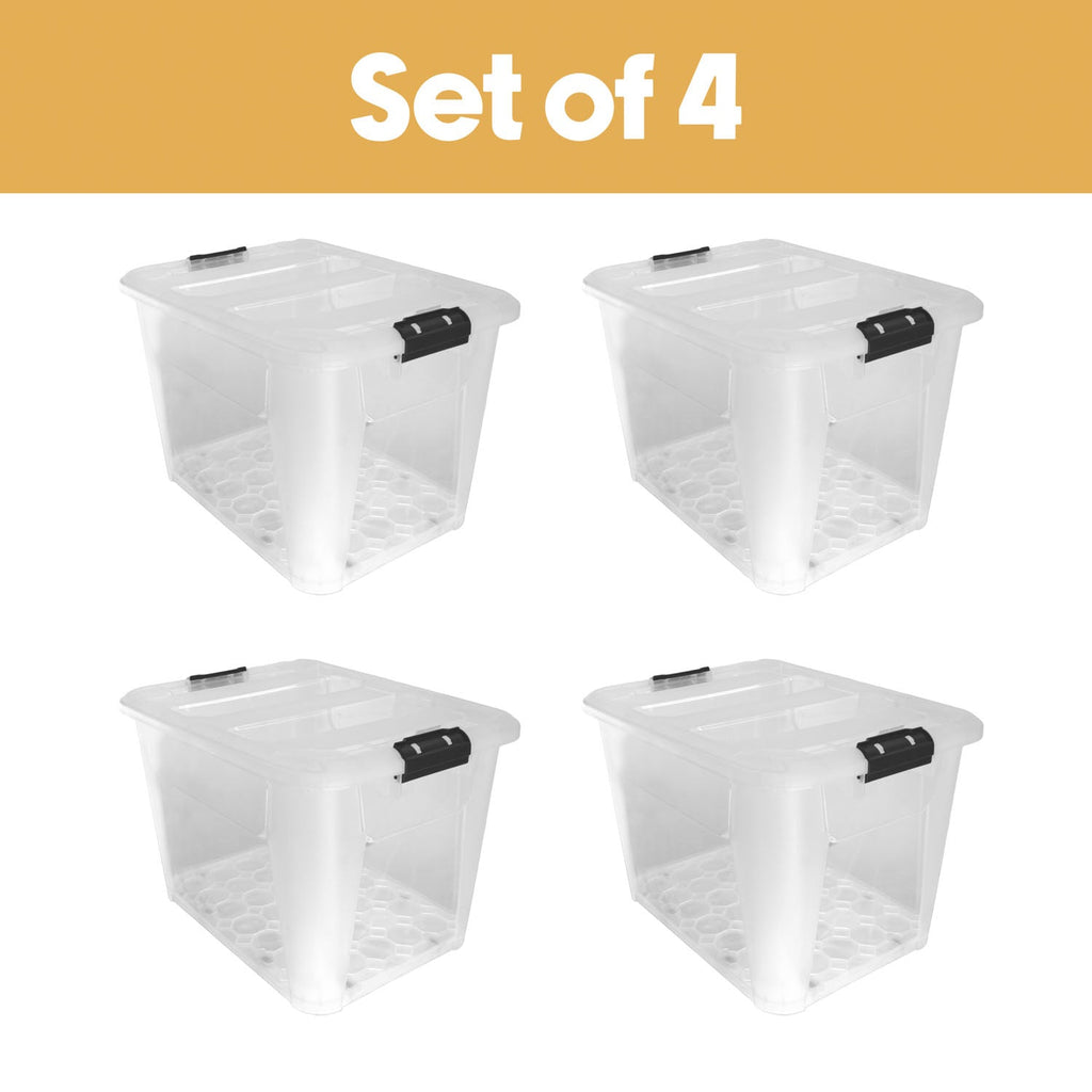 Plastic Secure Clip Lidded 60L Storage Box with Wheels Clear (Set of 4)