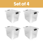 Plastic Secure Clip Lidded 60L Storage Box with Wheels Clear (Set of 4)