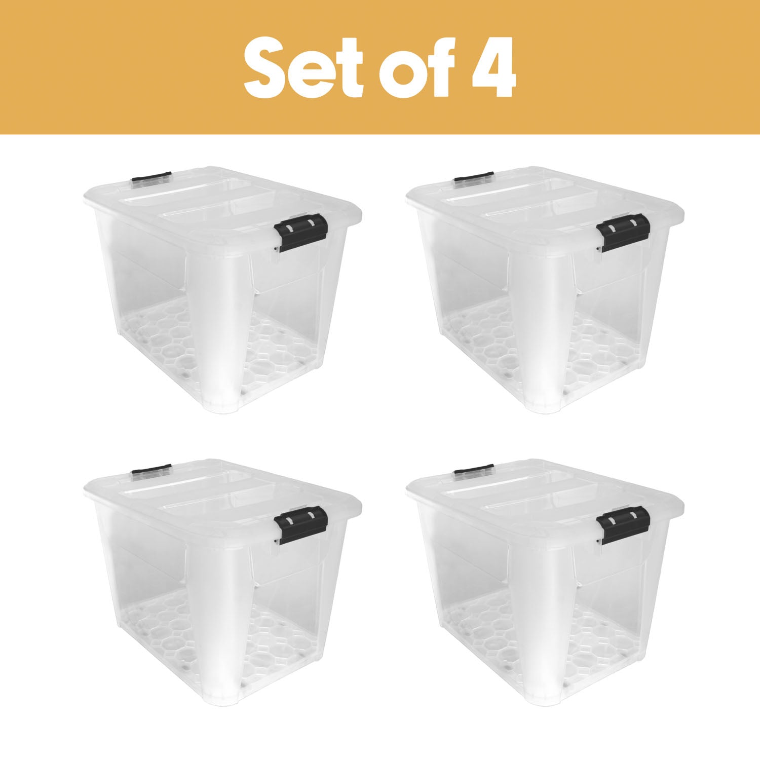 Plastic Secure Clip Lidded 60L Storage Box with Wheels Clear (Set of 4)