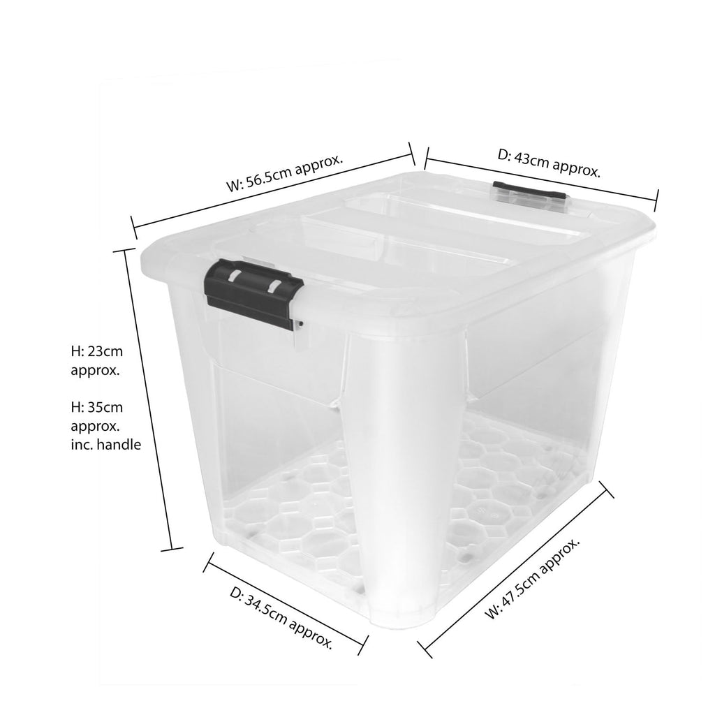 Plastic Secure Clip Lidded 60L Storage Box with Wheels Clear (Set of 4)