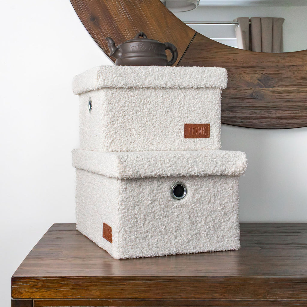 Shiro Set of 2 Boucle Fabric Rectangular Baskets with Lids