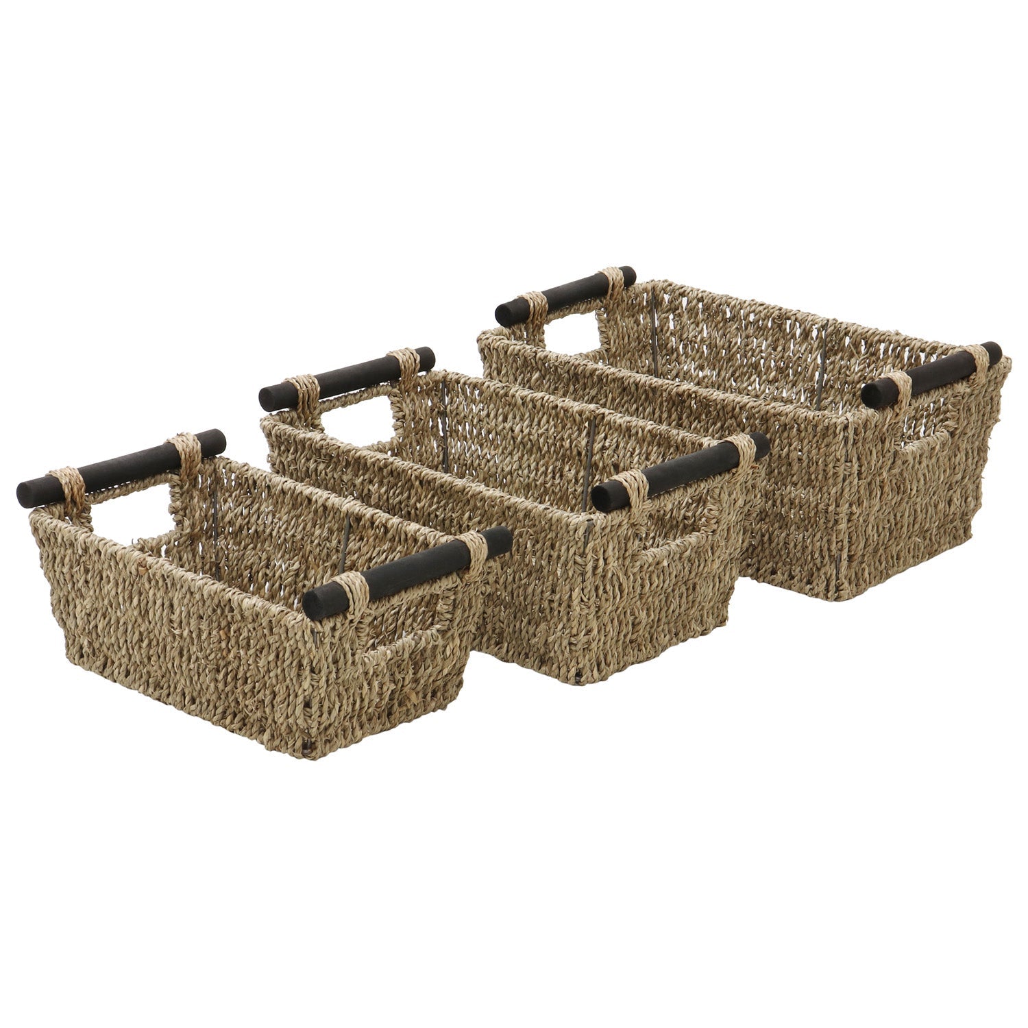 Seagrass Set of 3 Rectangular Storage Baskets With Wood Handles