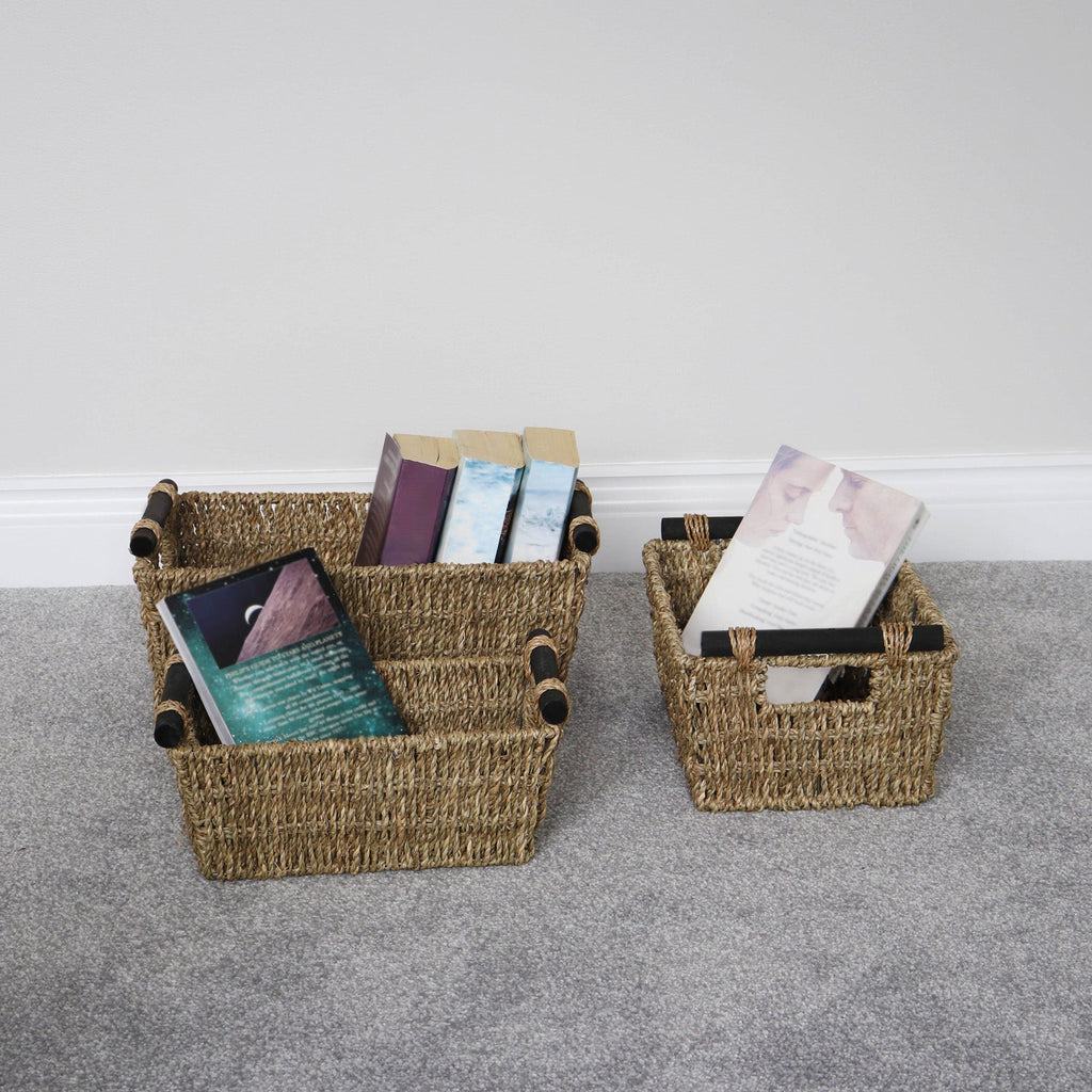 Seagrass Set of 3 Rectangular Storage Baskets With Wood Handles