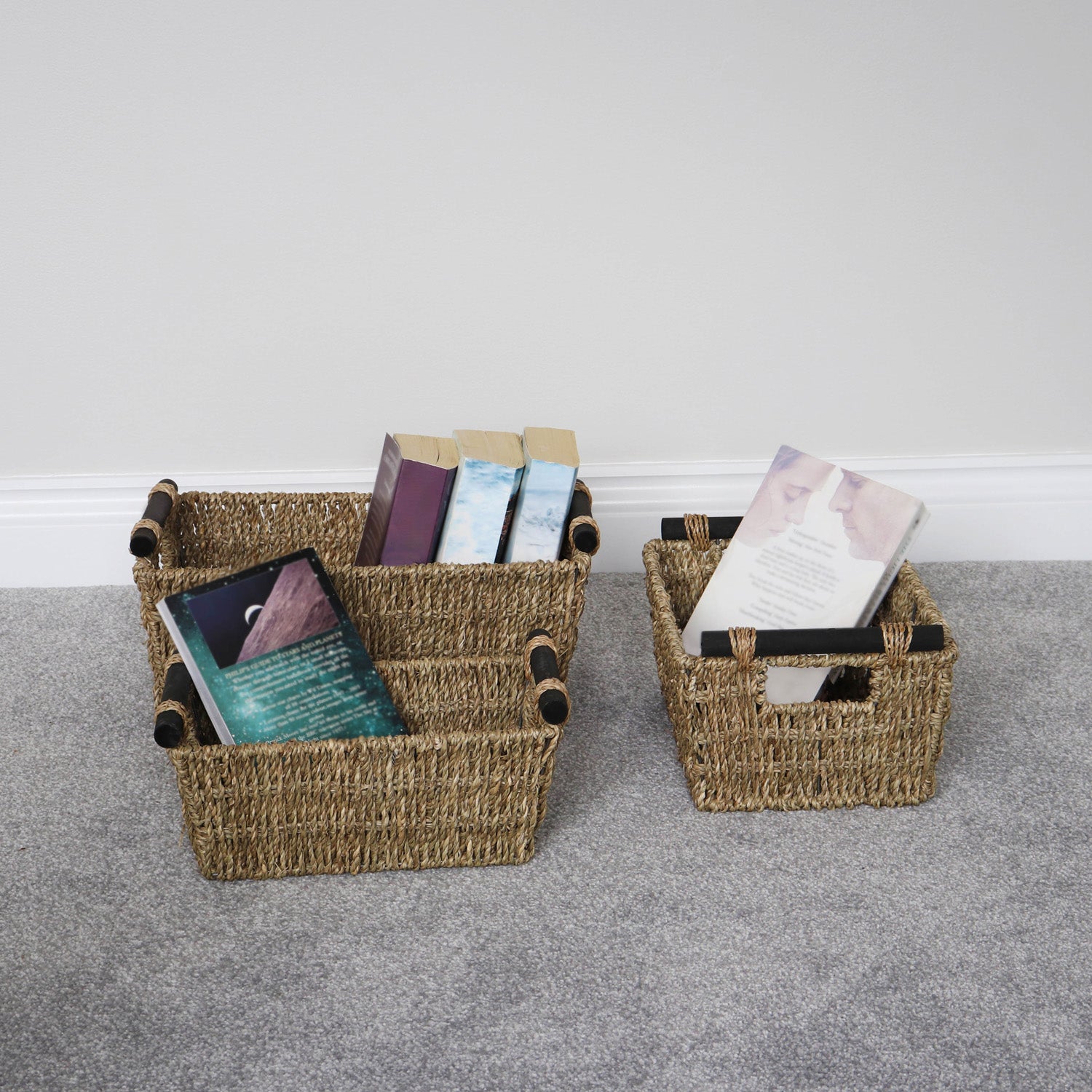 Seagrass Set of 3 Rectangular Storage Baskets With Wood Handles