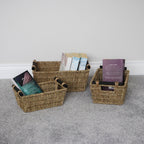 Seagrass Set of 3 Rectangular Storage Baskets With Wood Handles