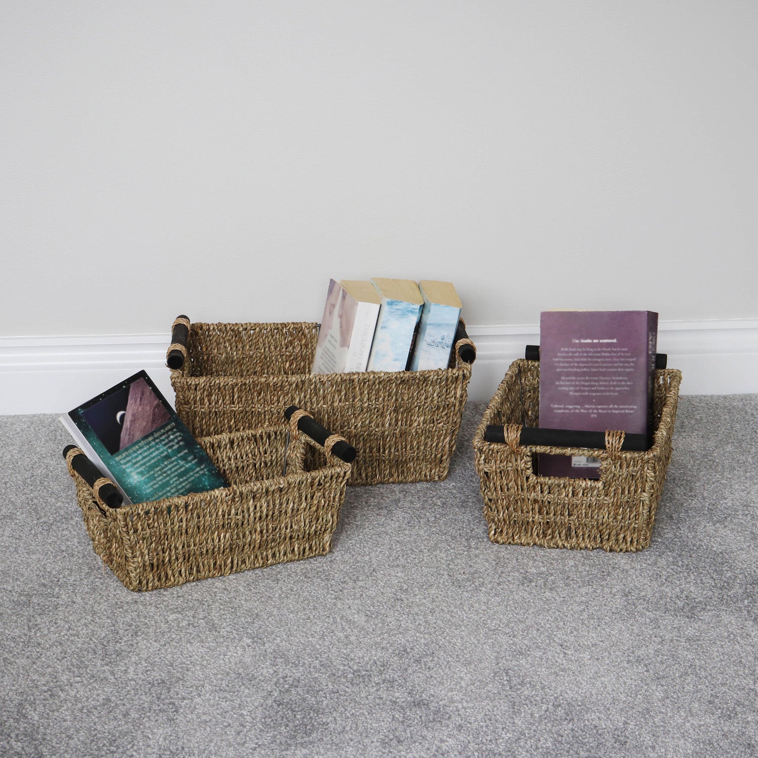 Seagrass Set of 3 Rectangular Storage Baskets With Wood Handles