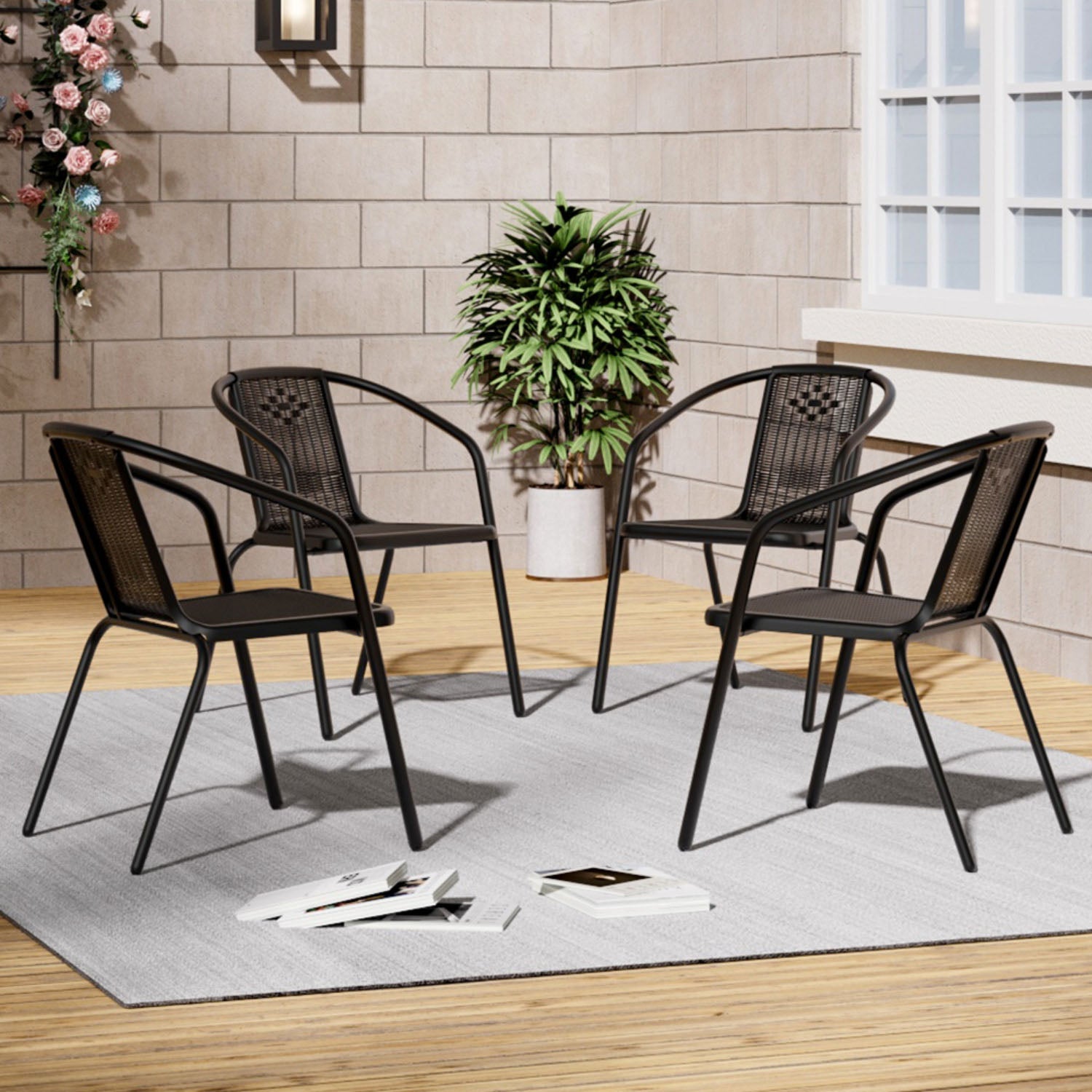 Set of 4 Black PE Rattan Stacking Garden Chairs