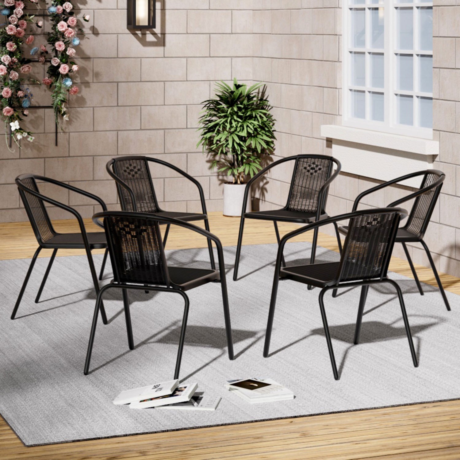 Set of 6 Black Wicker Stackable Garden Chairs