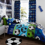 Catherine Lansfield Blue Football Lined Pencil Pleat Curtains