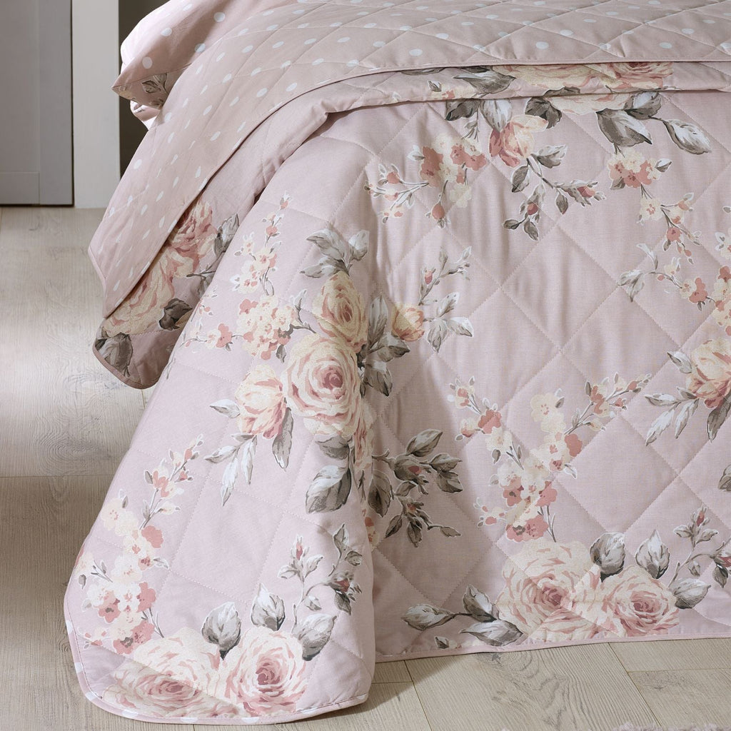 Catherine Lansfield Canterbury Blush Floral Reversible Quilted Bedspread