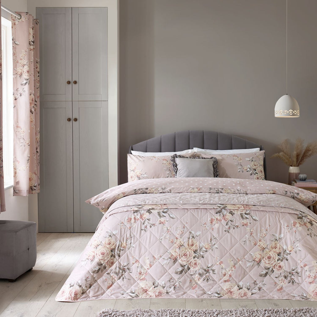 Catherine Lansfield Canterbury Blush Floral Reversible Quilted Bedspread