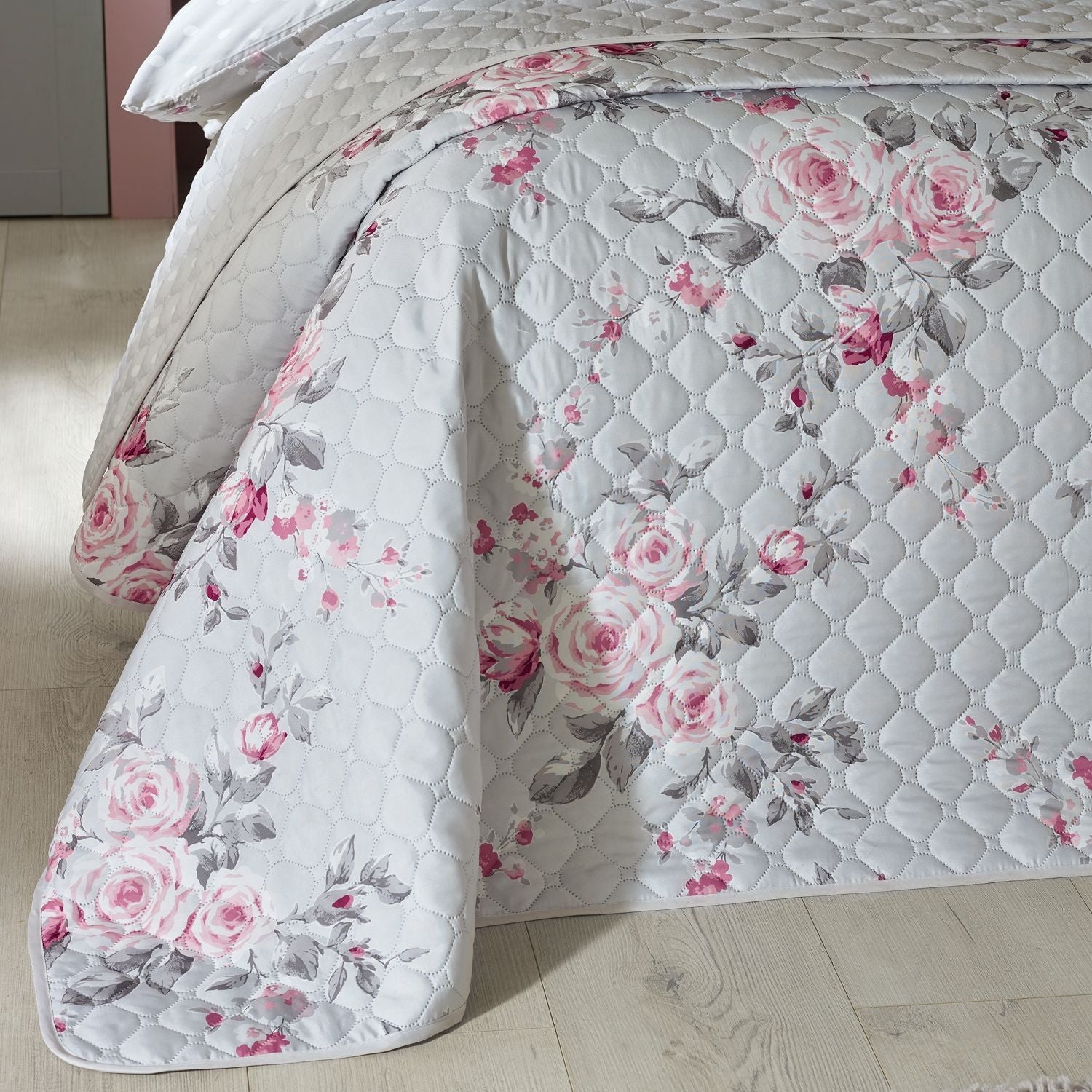 Catherine Lansfield Canterbury Grey Floral Reversible Quilted Bedspread