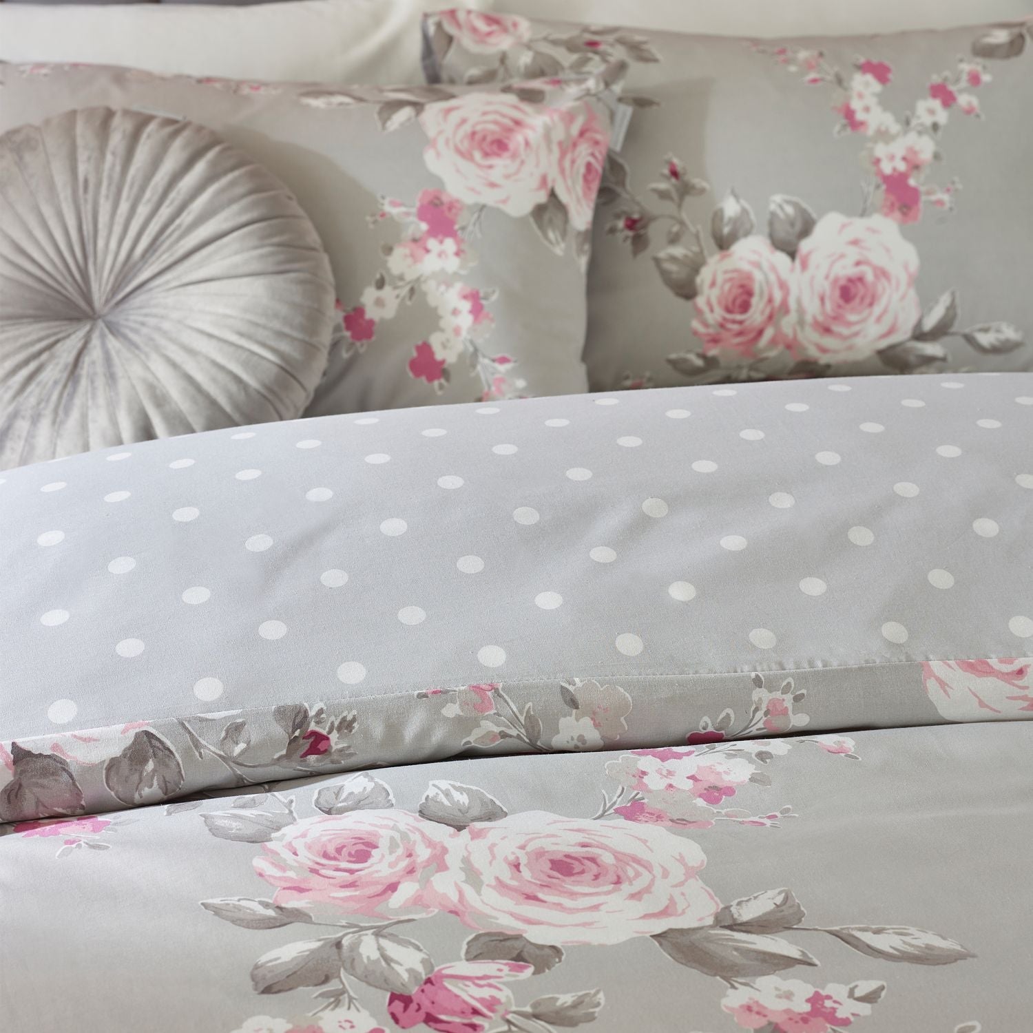 Catherine Lansfield Canterbury Grey Floral Reversible Duvet Set