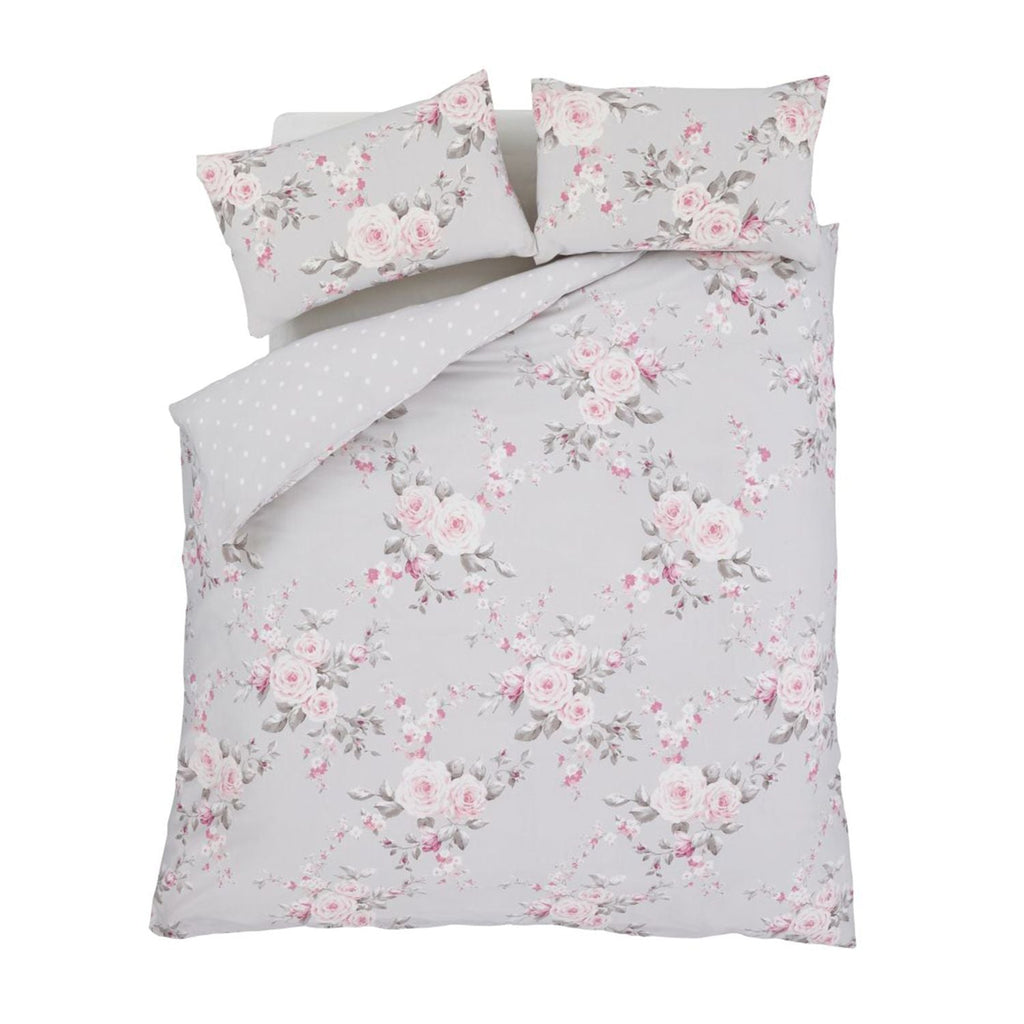 Catherine Lansfield Canterbury Grey Floral Reversible Duvet Set