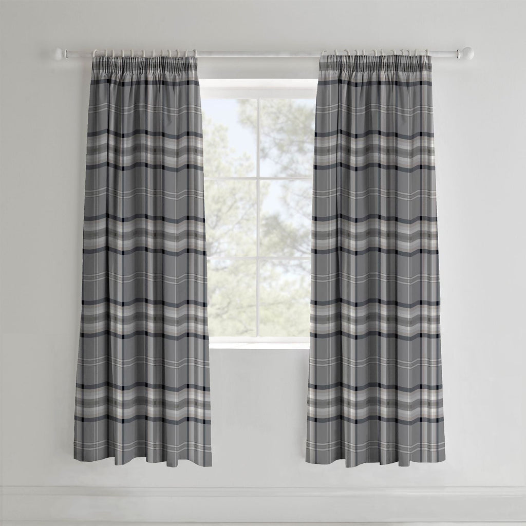 Catherine Lansfield Kelso Charcoal Check Lined Pencil Pleat Curtains