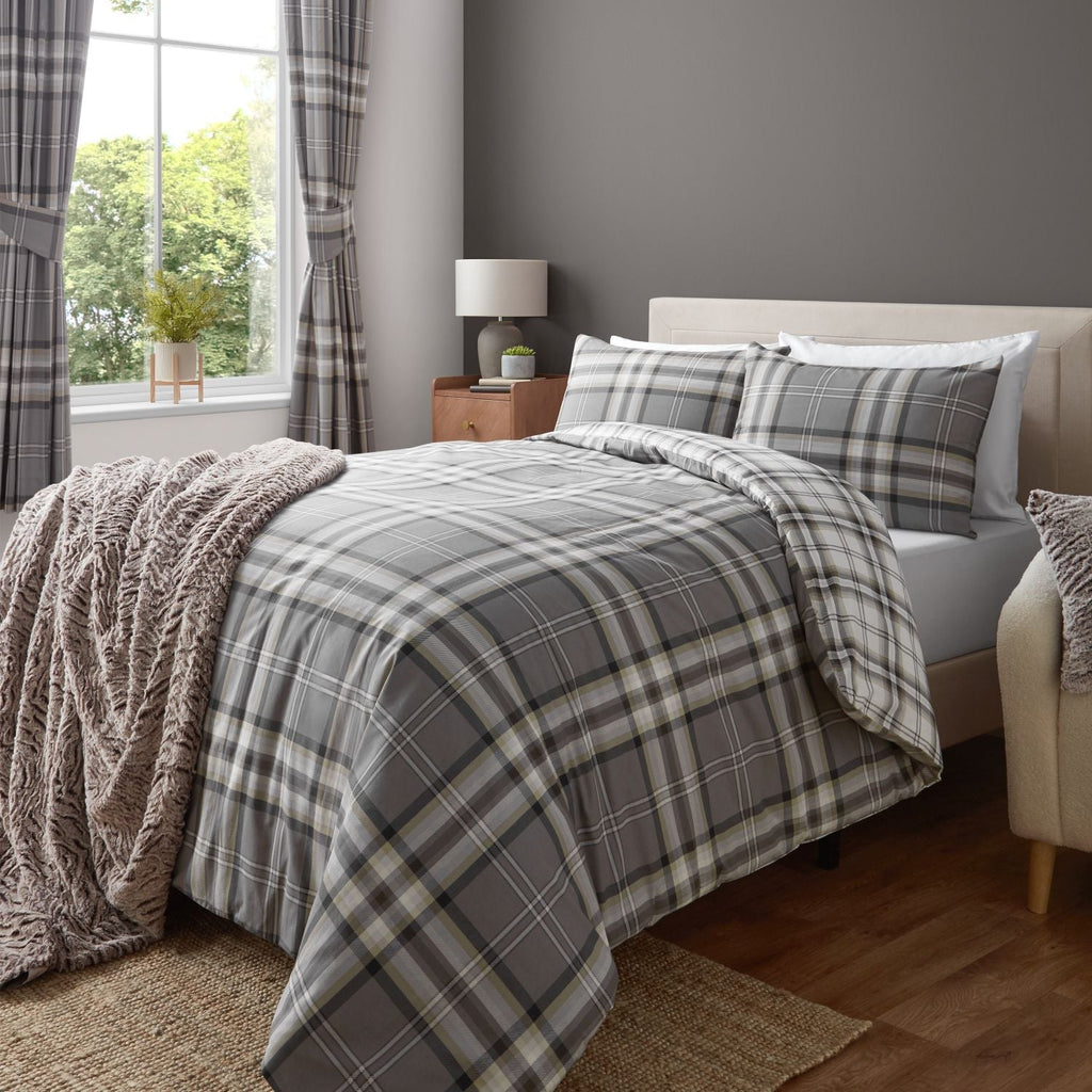 Catherine Lansfield Kelso Charcoal Check Lined Pencil Pleat Curtains