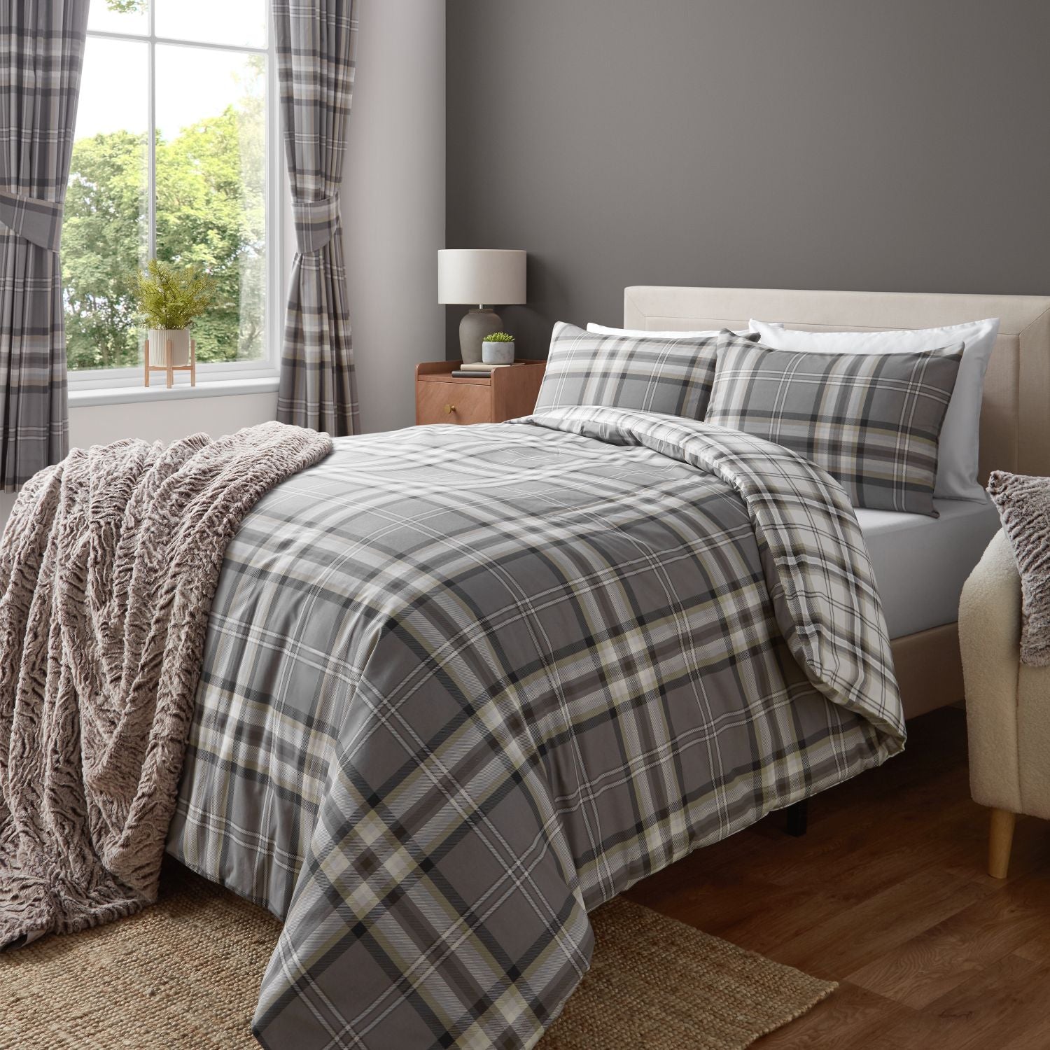 Catherine Lansfield Kelso Charcoal Check Lined Pencil Pleat Curtains