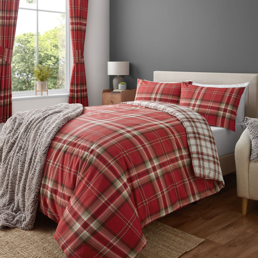 Catherine Lansfield Kelso Red Check Lined Pencil Pleat Curtains