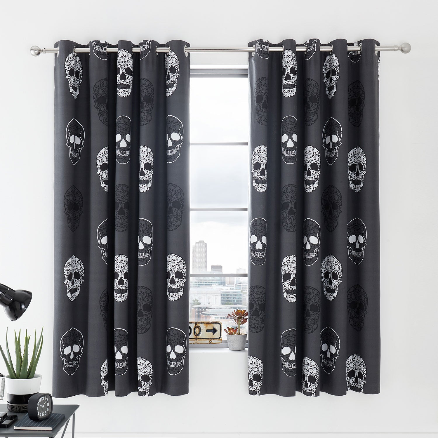 Catherine Lansfield Skulls Reversible Eyelet Curtains