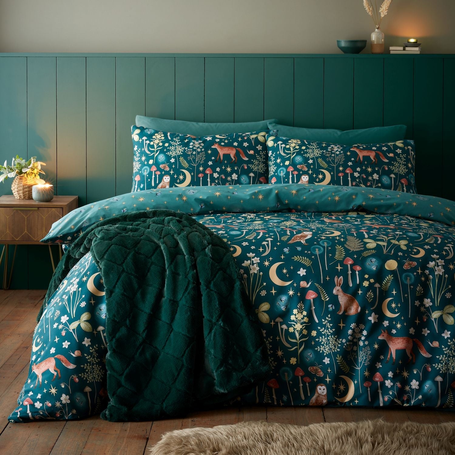 Catherine Lansfield Enchanted Twilight Animals Forest Green Duvet Set
