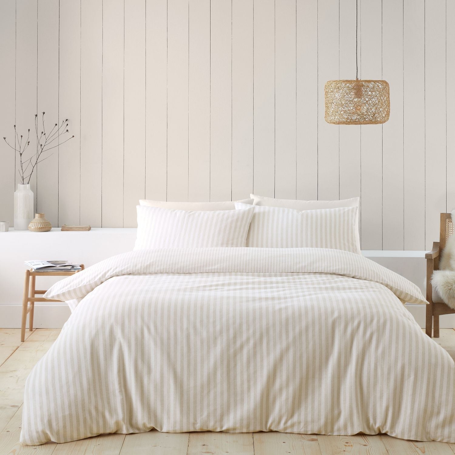 Catherine Lansfield Natural Stripe Brushed Cotton Reversible Duvet Set