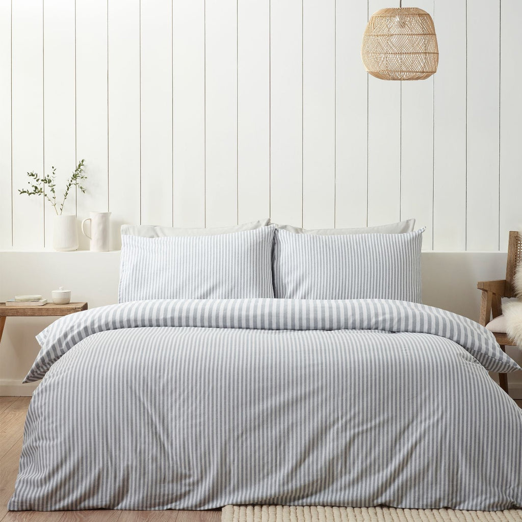 Catherine Lansfield Silver Stripe Brushed Cotton Reversible Duvet Set