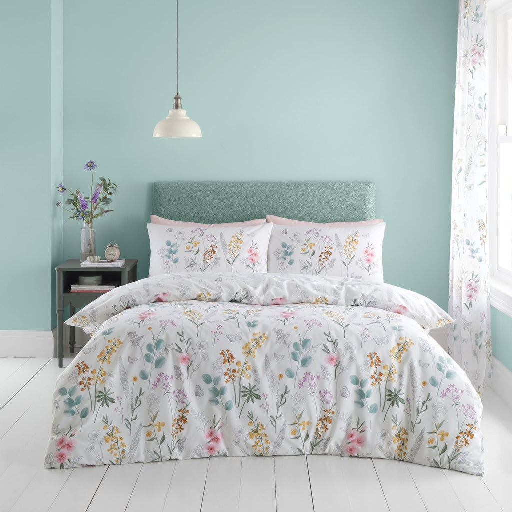 Catherine Lansfield Emilia White and Green Floral Reversible Duvet Set