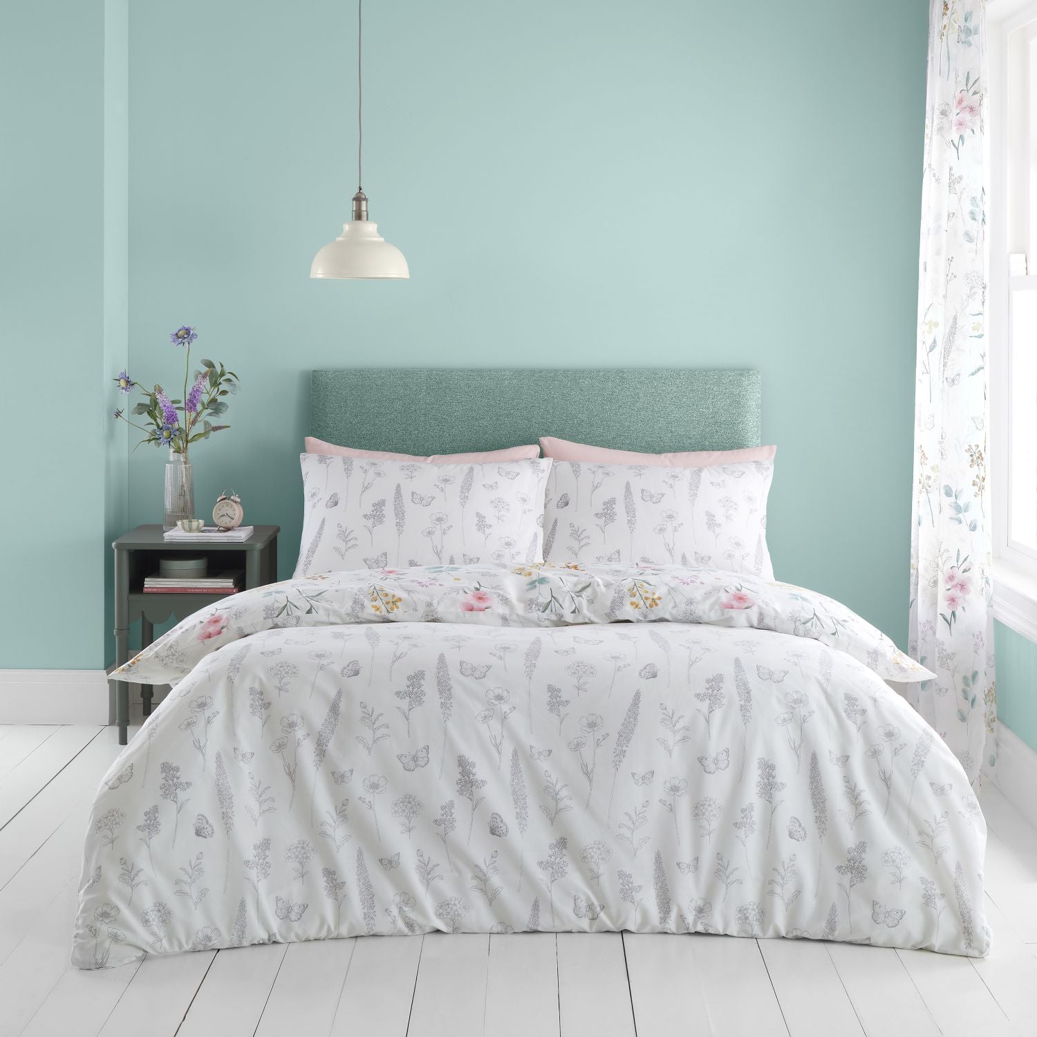 Catherine Lansfield Emilia White and Green Floral Reversible Duvet Set