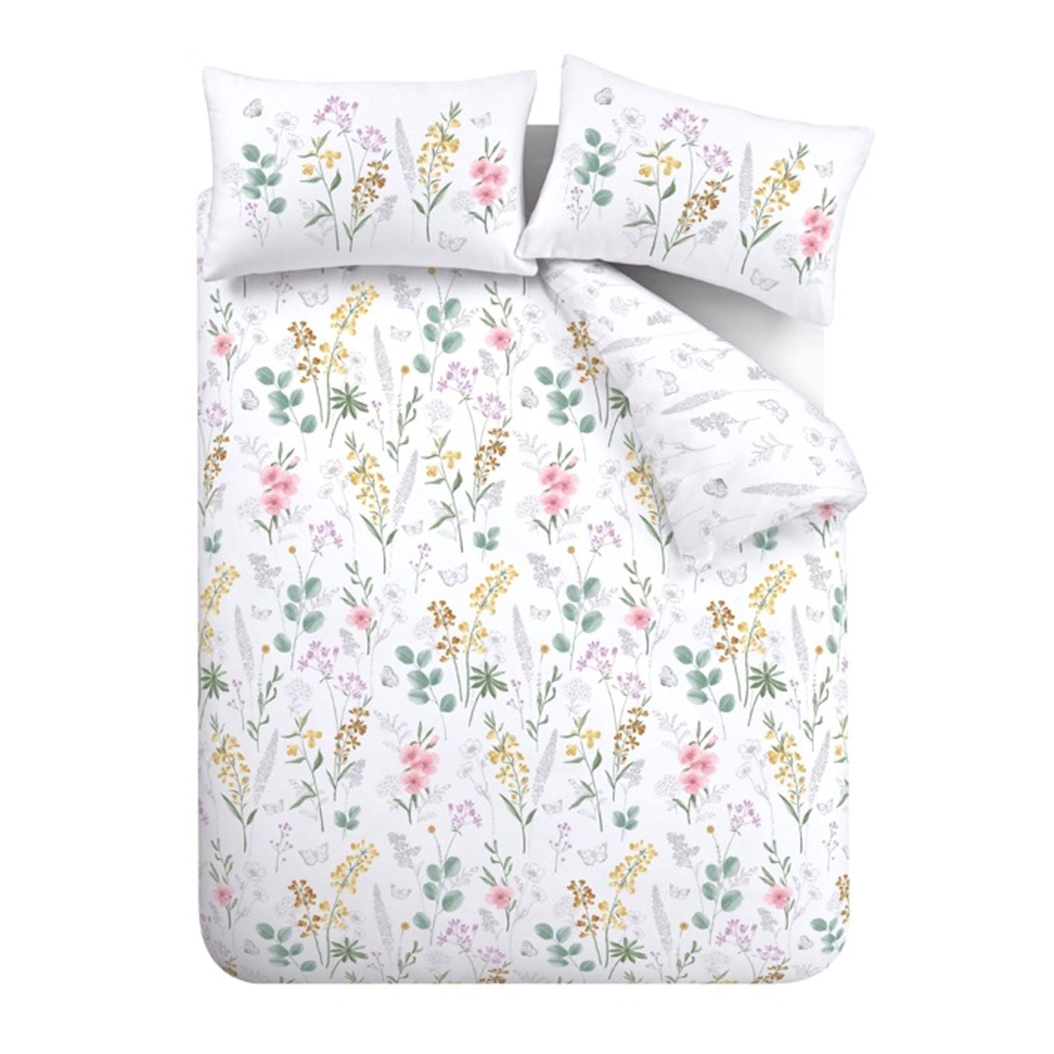 Catherine Lansfield Emilia White and Green Floral Reversible Duvet Set