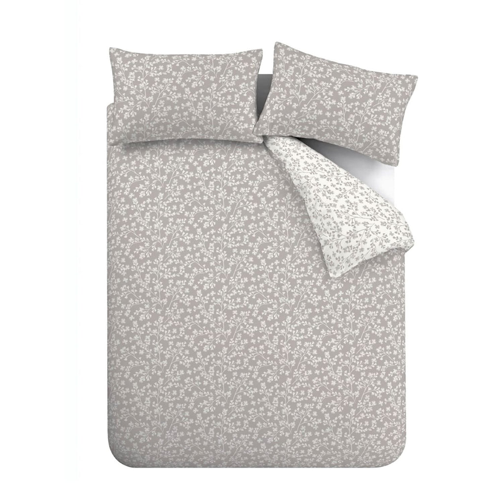 Catherine Lansfield Brushed Grace Floral Leaf Grey Cotton Duvet Set